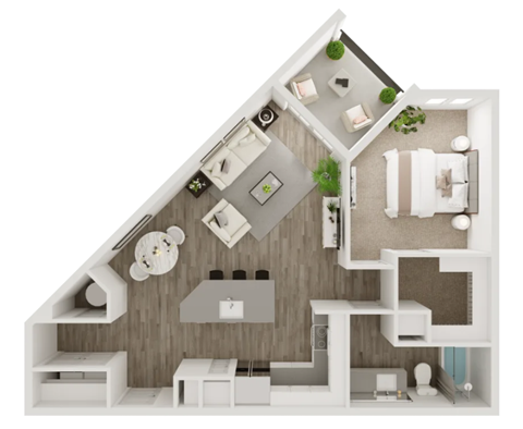 A 3D rendered image of a house layout with a kitchen, living room, and bedrooms.